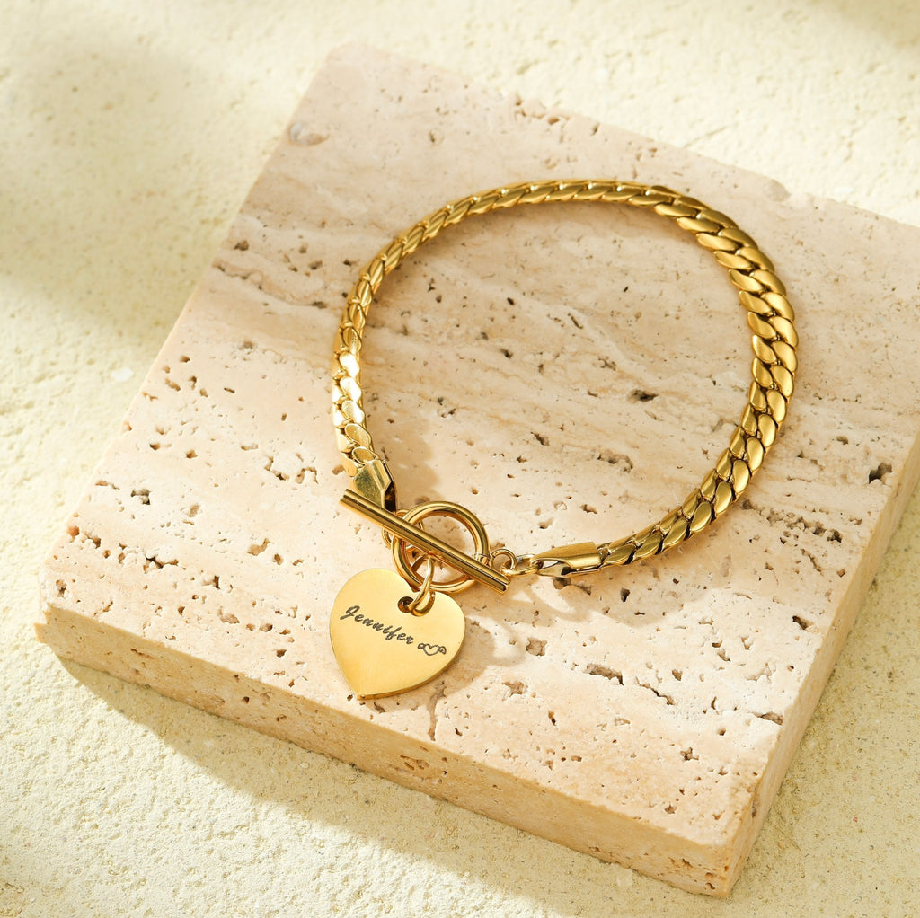 Snake Bone Chain Engraving Heart Bracelet - Ornaments Co - 18K Gold Plated
